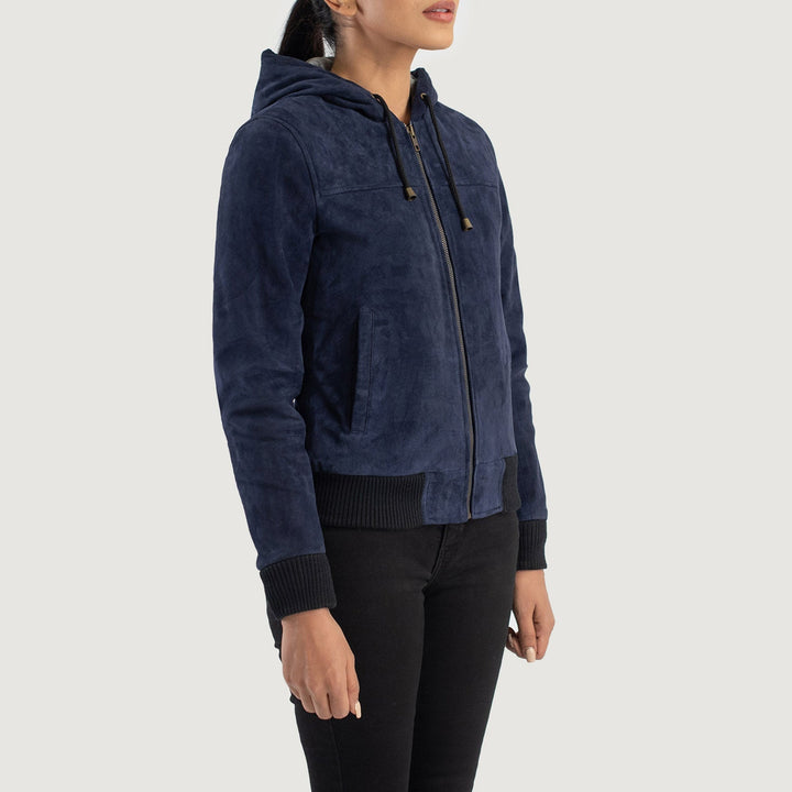 Rebella Blue Hooded Leather Bomber Jackets - Image 4