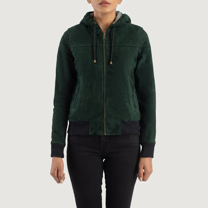 Rebella Green Hooded Leather Bomber Jackets - Image 3