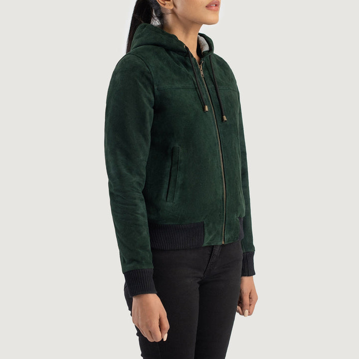 Rebella Green Hooded Suede Bomber Jacket - Image 4