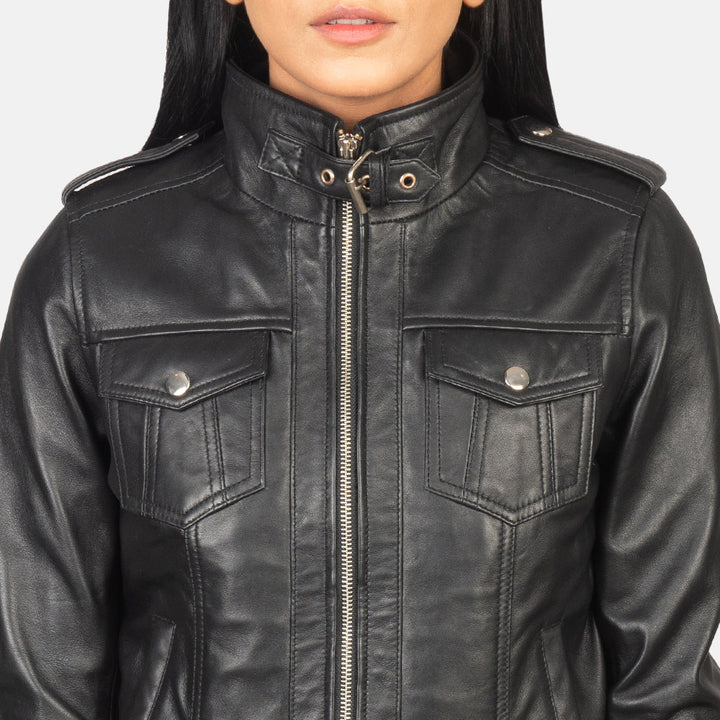 Roslyn Black Hooded Leather Bomber Jackets - Image 6