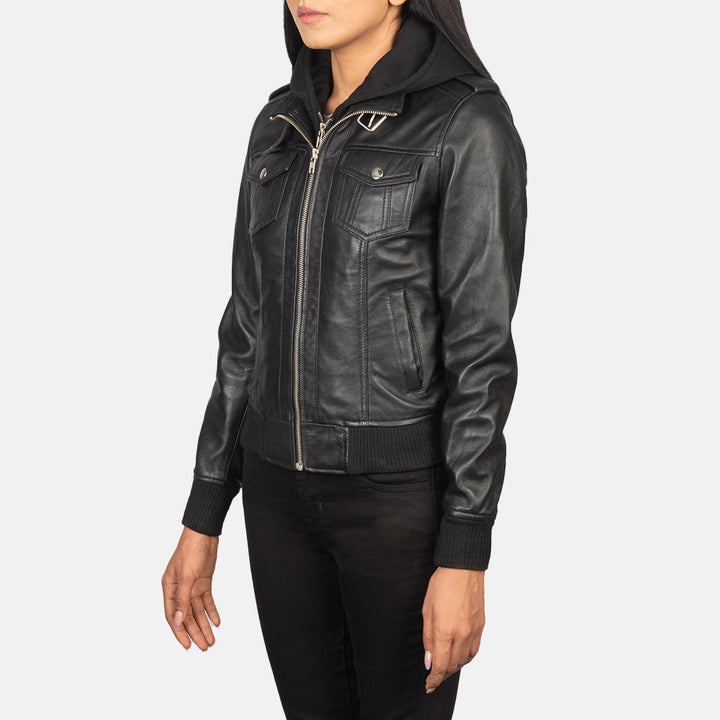 Roslyn Black Hooded Leather Bomber Jackets - Image 5