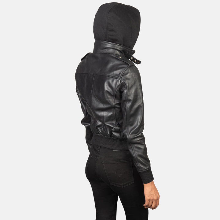 Roslyn Black Hooded Leather Bomber Jackets - Image 4
