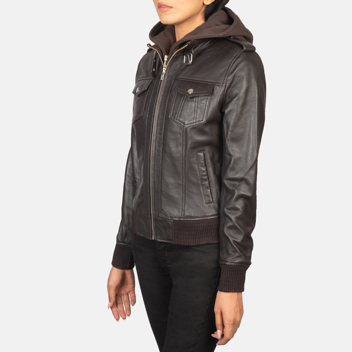 Roslyn Brown Hooded Leather Bomber Jacket - Image 4