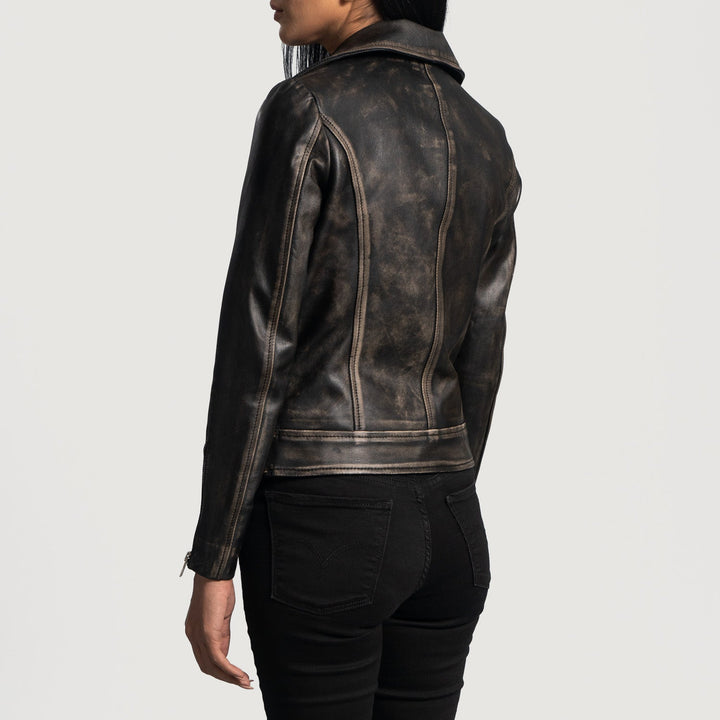 Rumy Distressed Brown Leather Biker Jacket - Image 4