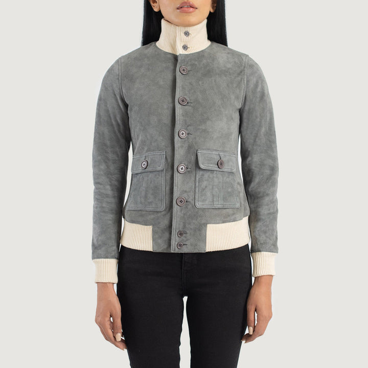 Sasha A1 Grey Suede Bomber Jackets - Image 2