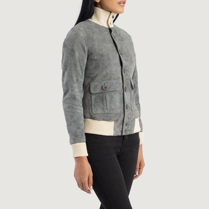 Sasha A1 Grey Suede Bomber Jackets - Image 4