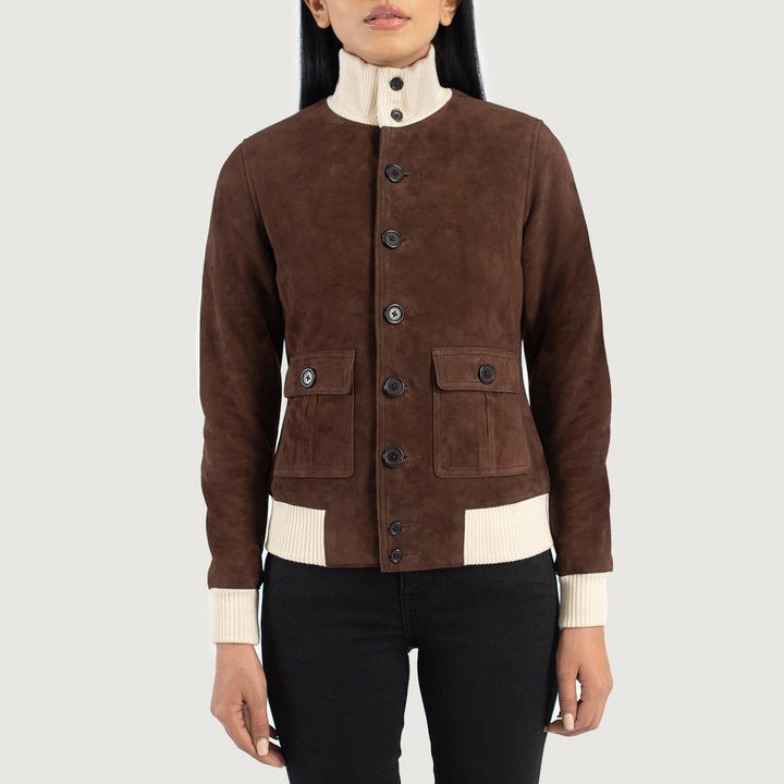 Sasha A1 Mocha Suede Bomber Jackets - Image 2